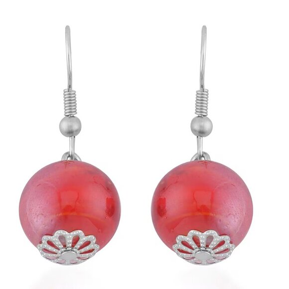 Red Color Beaded Stretch Bracelet and Dangle Earrings in Stainless Steel - Picture 2 of 3